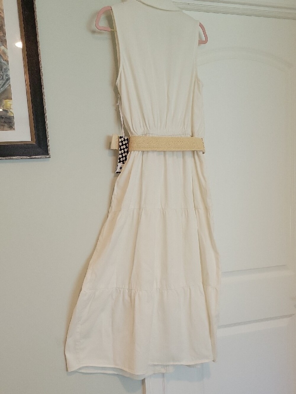 Sleeveless Cream Maxi Shirt Dress with Woven Round-Buckle Belt - Picture 7 of 12